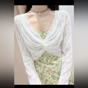 💜 Long Sleeve Mesh Lace Summer Thin Pleated Short Top See-through Pullover